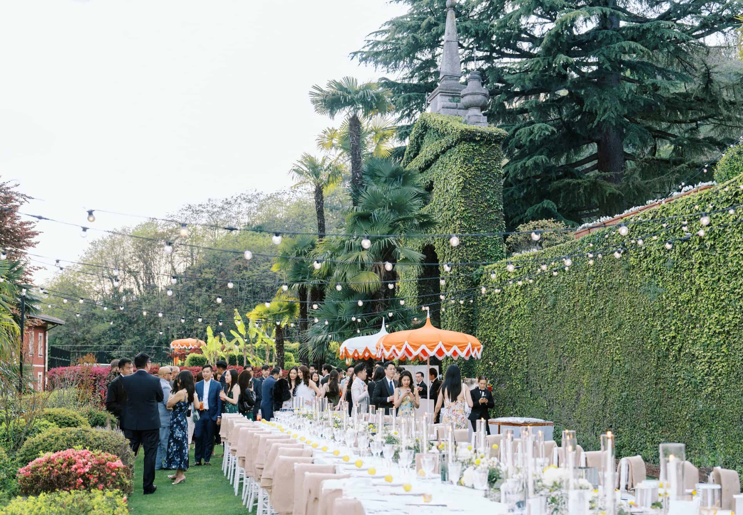 Rehersal Dinner table setup with greenery and fairy lights at Grand Hotel Tremezzo