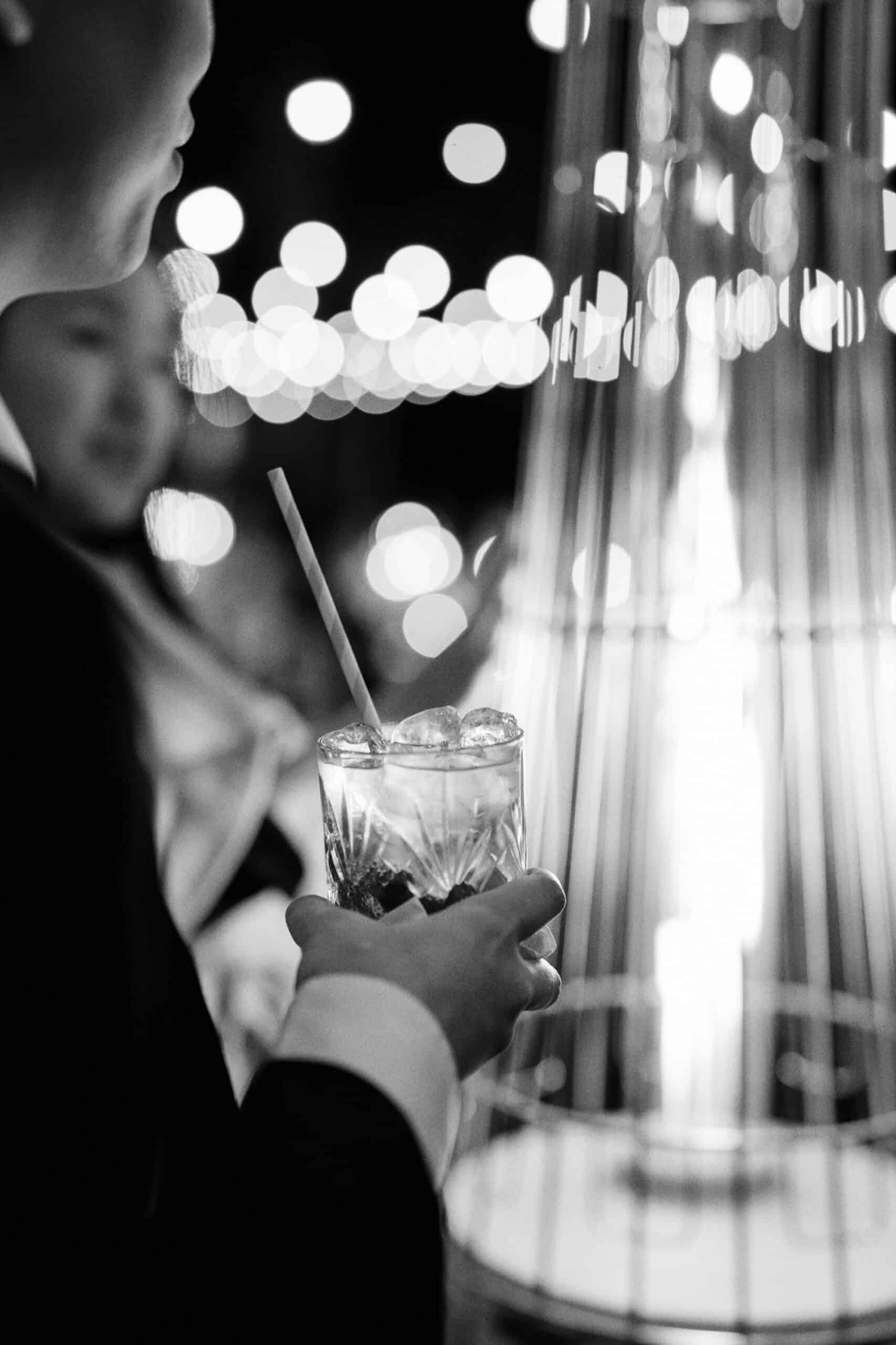 Black and white photo of drinks 