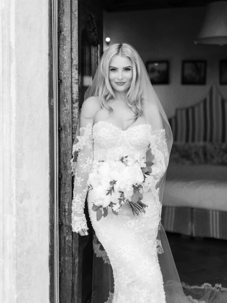 Bride in Ines Di Santo gown at Villa San Giacomo