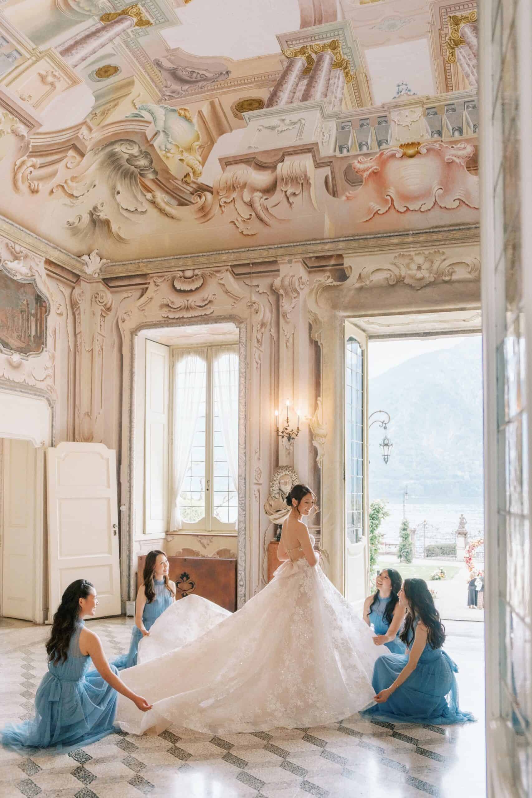 Asian bride in Berta gown posing inside Villa Sola Cabiati