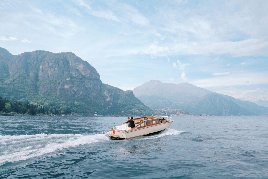 Romantic boat ride on Lake Como wedding day