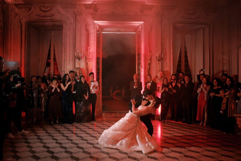 Bride and Groom posing in Villa Sola Cabiati gardens